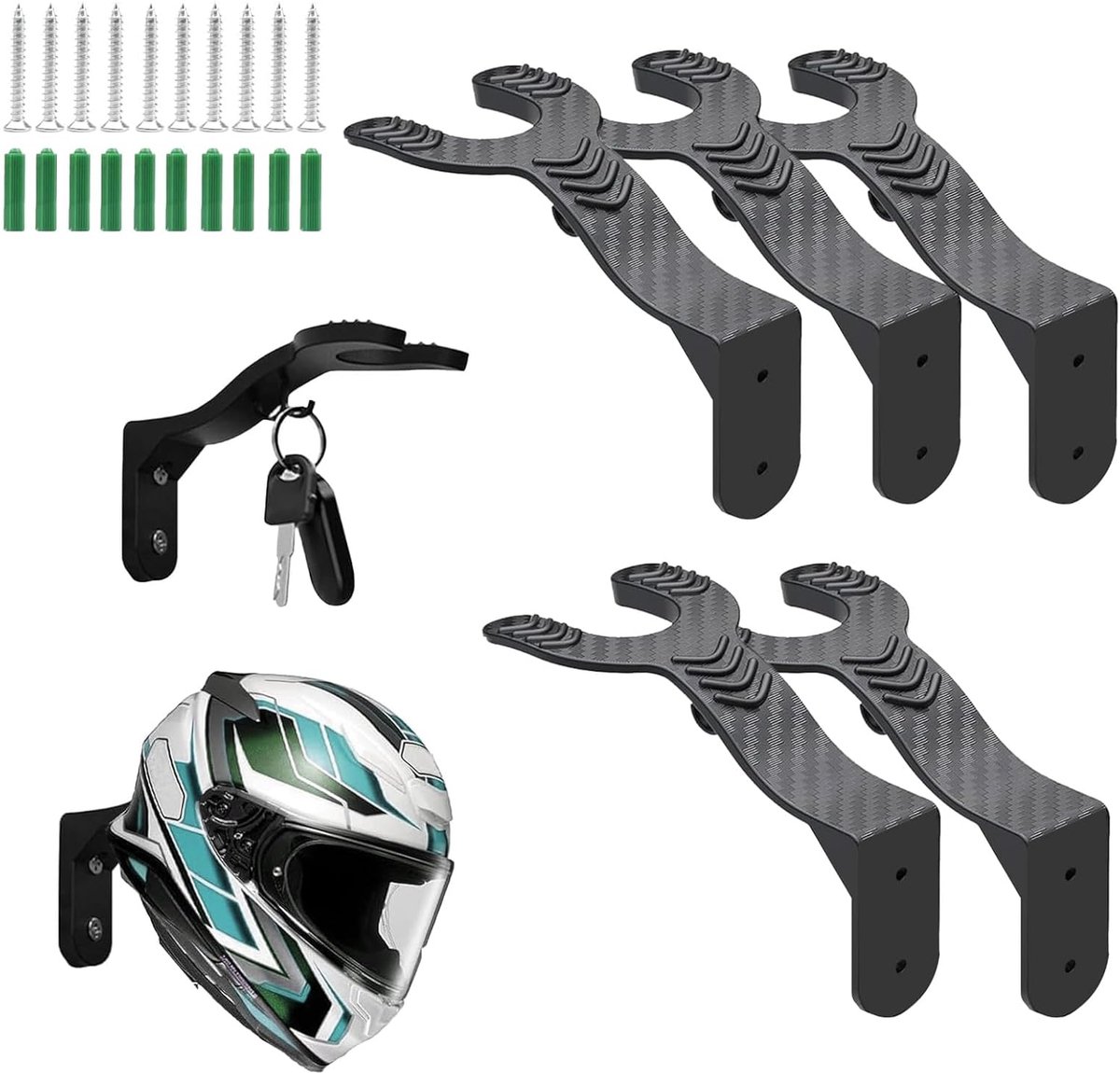 SnelShoppen - Set van 5 Wandmontage Helmhouders met Haak - Zwarte Robuuste Helmsteun voor Motorhelmen, Fietshelmen, Jassen, Petten en Sjaals