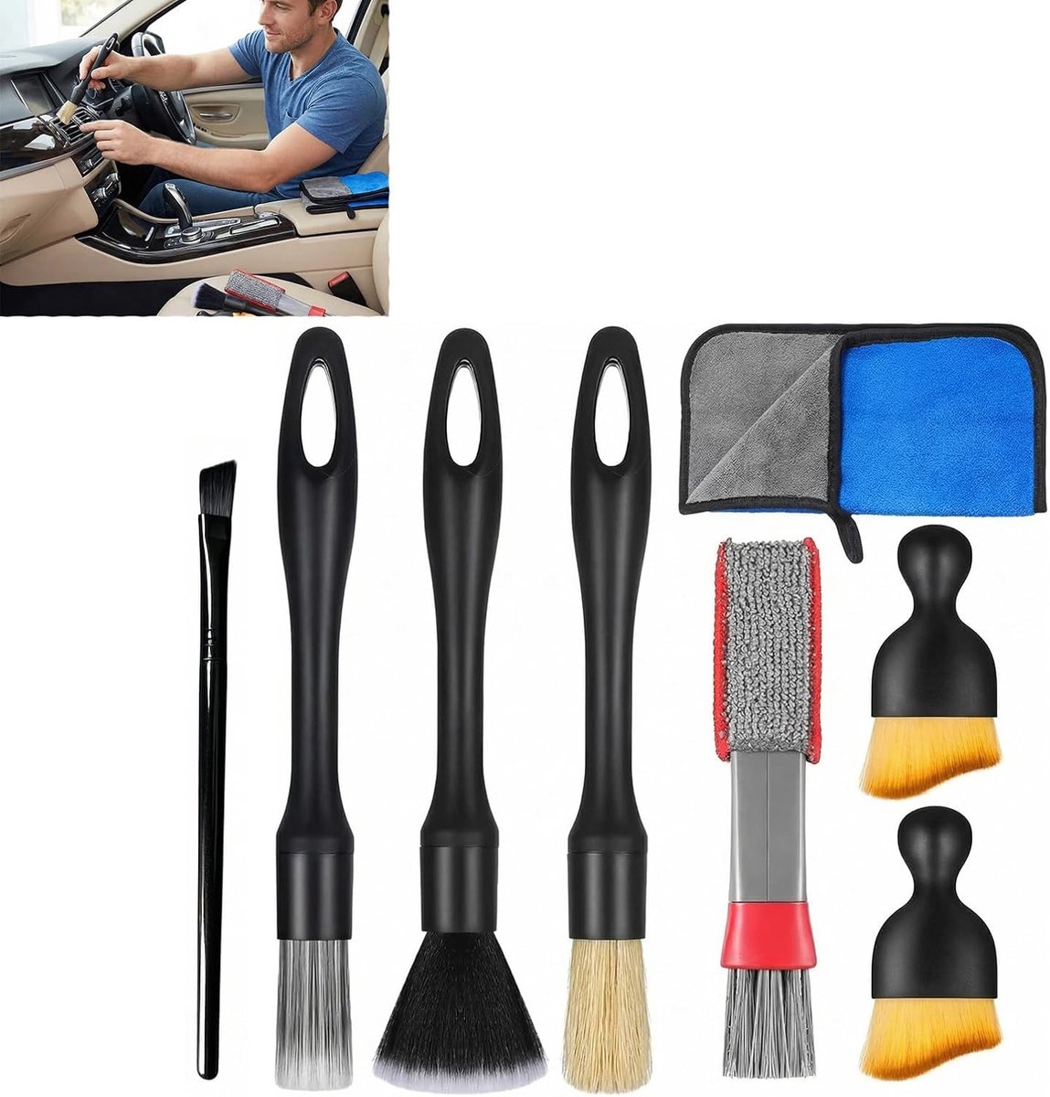 SnelShoppen - Set van 7 multifunctionele auto reinigingsborstels - Detailing borstelset voor velgen, interieur, ventilatie en ultra-absorberende micro