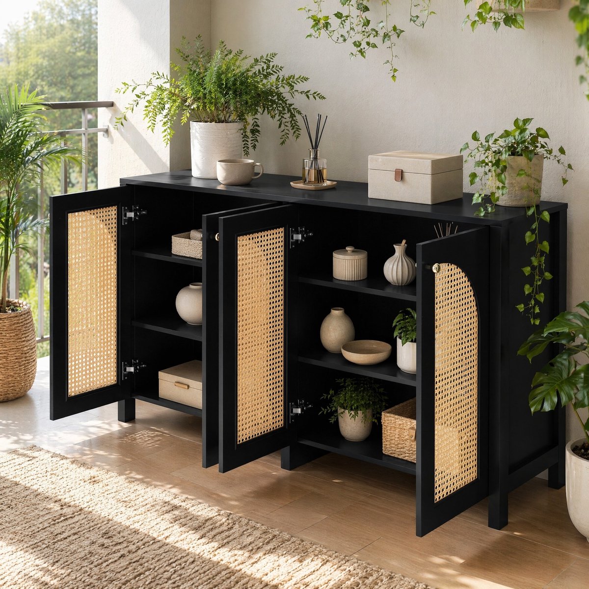Wishdor - Buffetkast - 4 deuren met rotanlook - verstelbare plank en metalen grepen - modern minimalistisch - woonkamer keuken - houtlook zwart - 145 x 40 x 80 cm