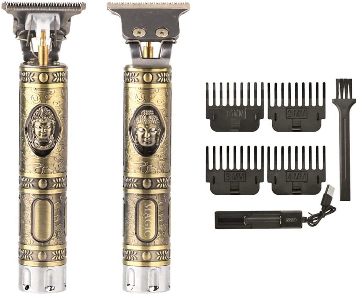 SnelShoppen - Professionele Vintage Haarknipper voor Mannen - Haar en Baardtrimmer met Titanium T-blade, Oplaadbare Batterij, 4 Opzetkammen en USB Kab