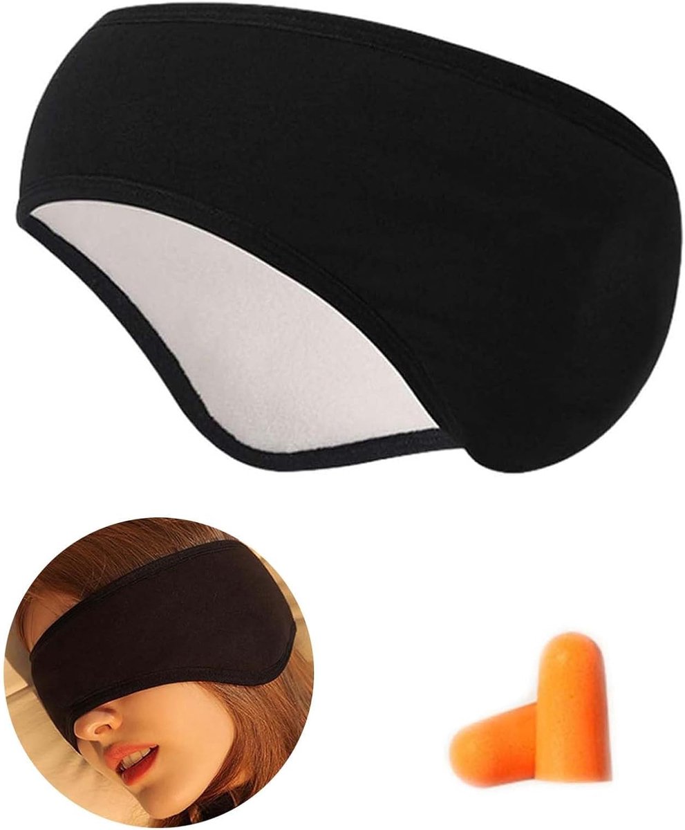 SnelShoppen - Zwart Slaapmasker van Katoen met Oordopjes - Verstelbaar Oogmasker voor Slapen, Reizen, Yoga - Ideaal voor Zijslapers en Comfortabel Dra