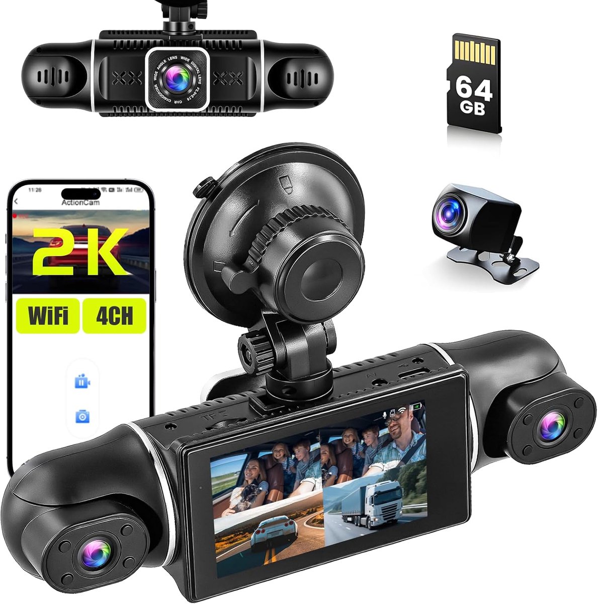 SnelShoppen - Inefala 4-kanaals 360 graden dashcam 1080p HD voor en achter met 64 GB kaart, wifi, loop-opname, G-sensor, nachtzicht en parkeerbewaking
