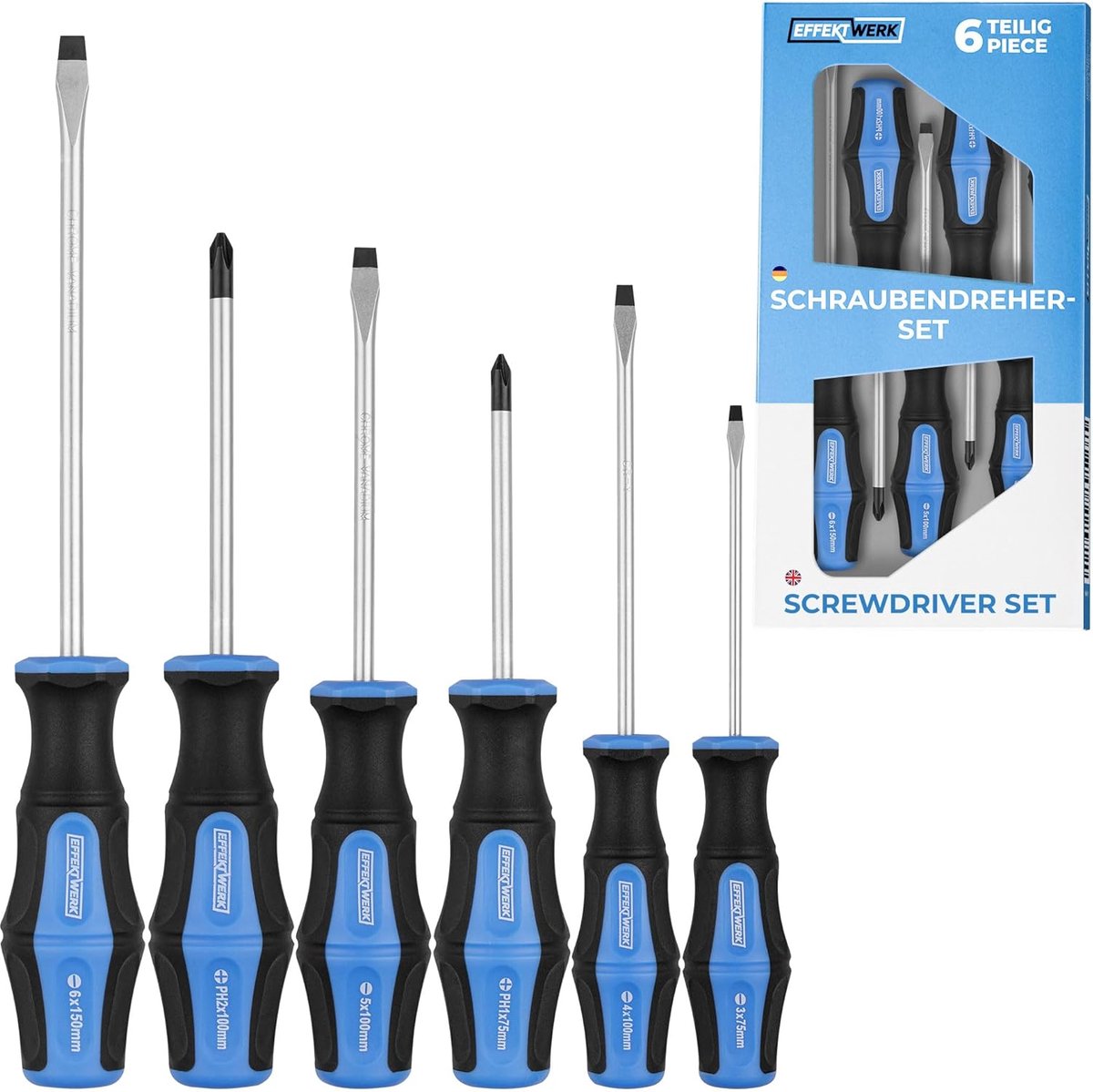 SnelShoppen - 6-delige schroevendraaierset - 4 platte en 2 kruiskopschroevendraaiers met magnetische punten, ergonomische handgrepen, professioneel ge