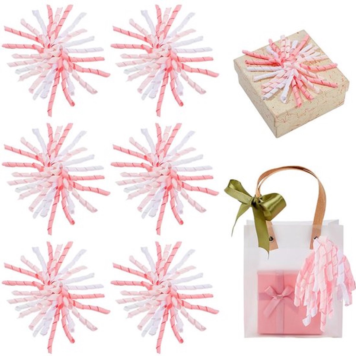 6 stuks krullende linten, zelfklevende cadeaustrikken, roze en witte krullende strikken, kerststrikken voor cadeaus, verjaardagsfeest, feestdecoratie, 4x6,7 inch