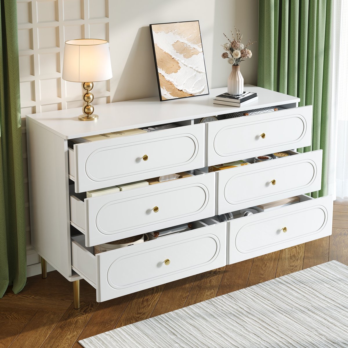 Wishdor - Dressoir - 6 laden - ovale fronten en metalen poten - modern minimalistisch - woonkamer slaapkamer hal - houtlook wit - 120 x 40 x 75 cm