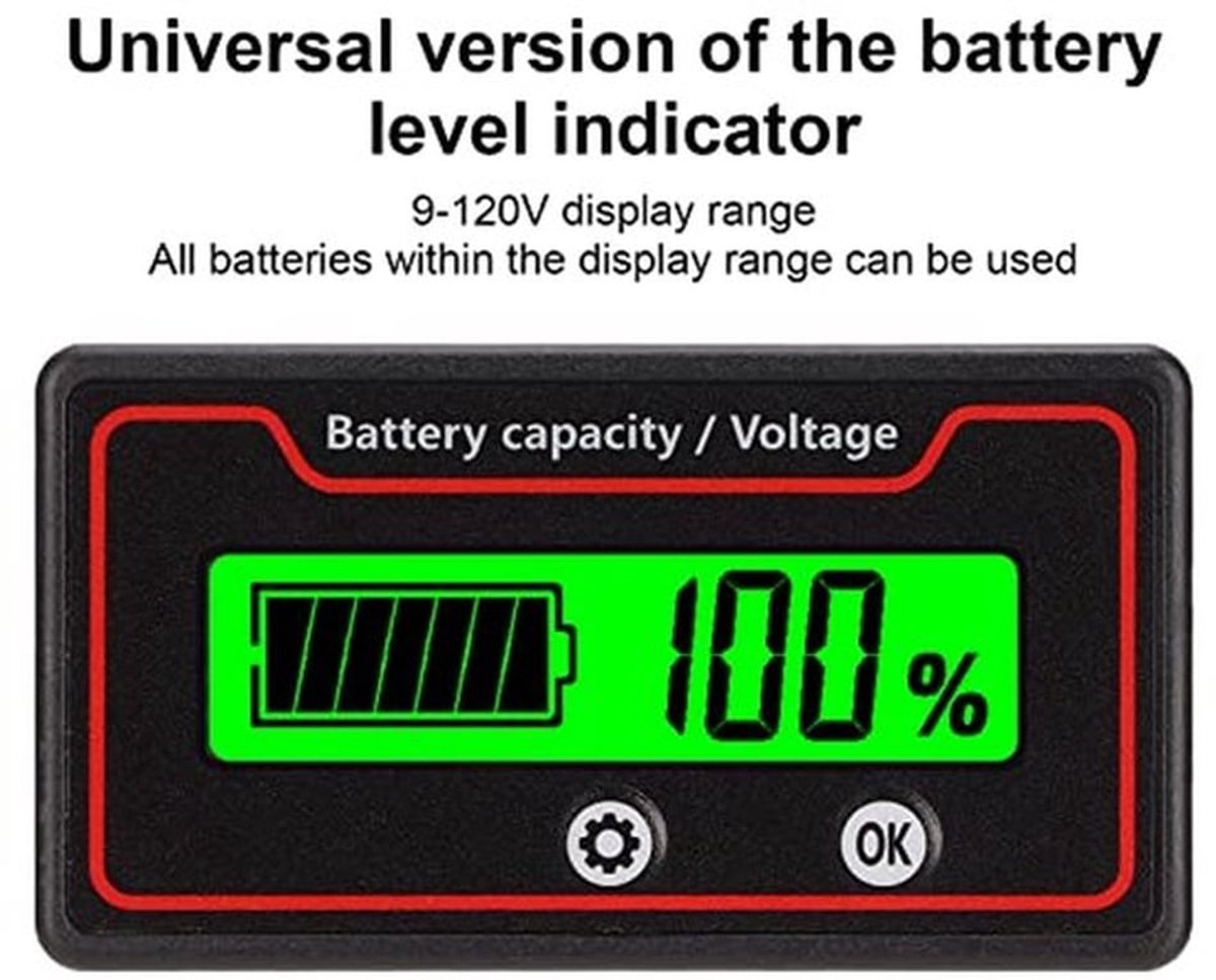 Batterijmeter, 12‑84V Batterijcapaciteit Voltage Monitor Meter Indicator, LCD Display Batterijcapaciteit Voltmeter Tester met Alarm voor Elektrisch Voertuig, Nooduitrusting Buiten (Groen Licht)