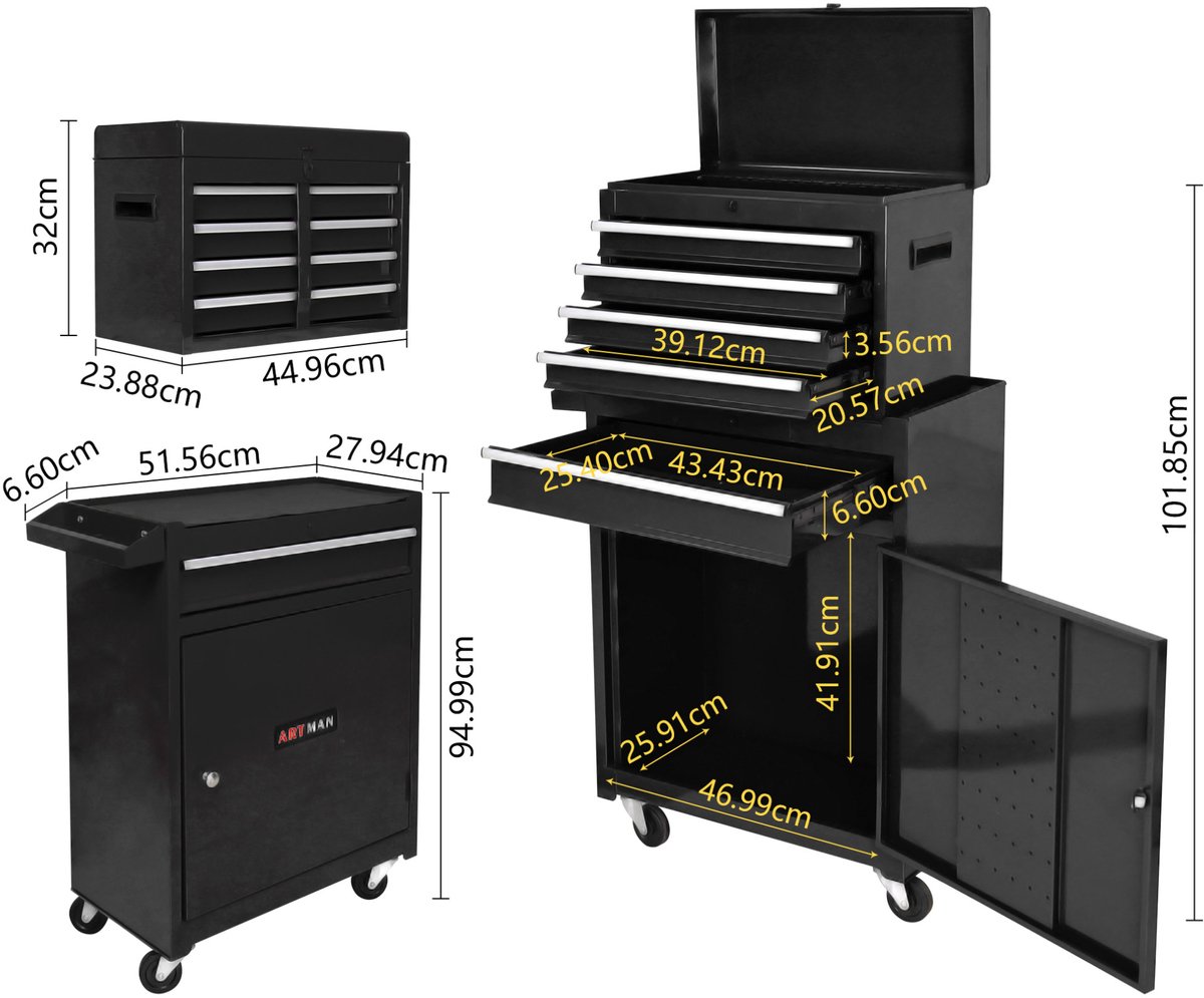 MODENUIT Gereedschapskar - 5 Lades Met Wielen - Voor Garage En Werkplaats - Staal - Zwart - 51,56x27,94x94,99 cm