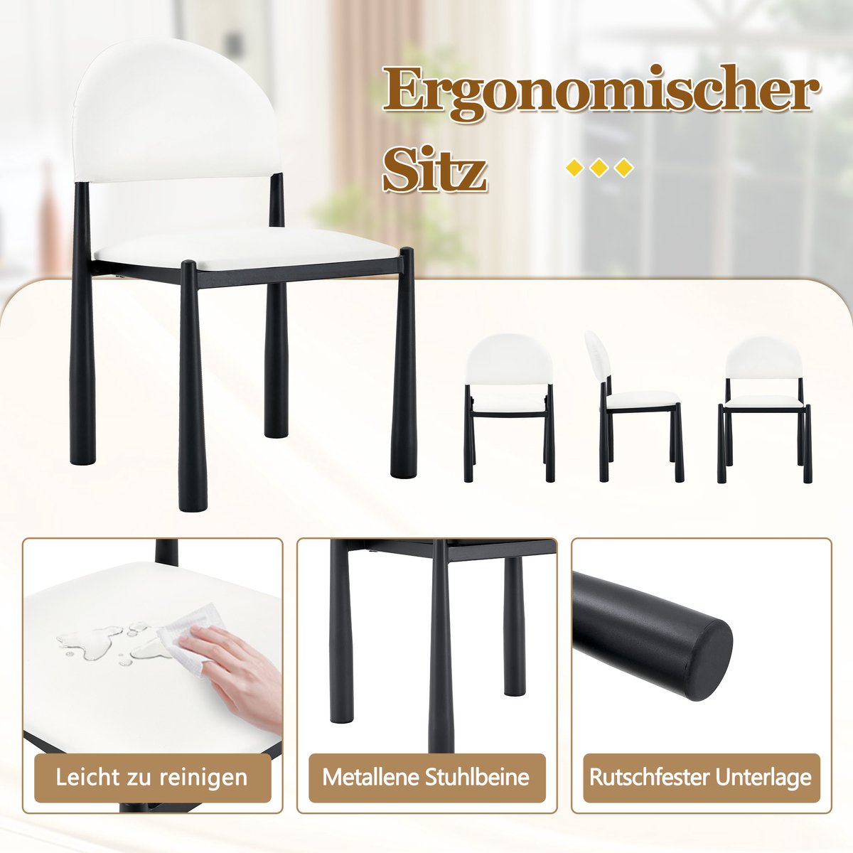 MEUNIQ set van 2 eetkamerstoelen met halfronde rugleuning en gepolsterde zitting, kunstleer en metalen poten, 80 cm hoog, voor eetkamer of keuken, wit White