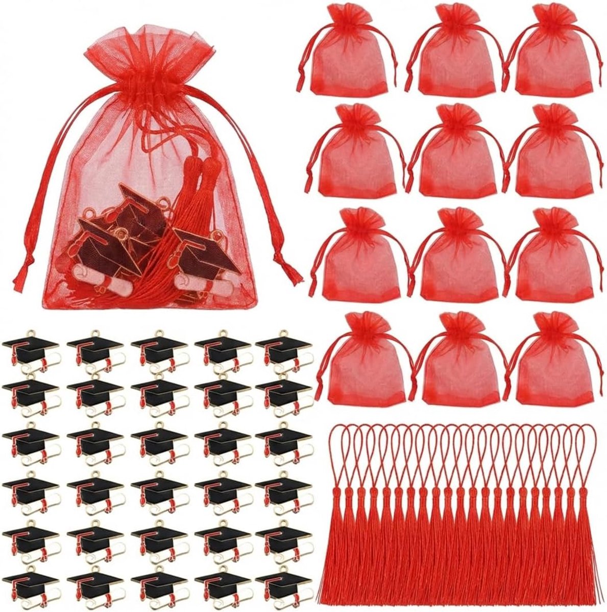 SnelShoppen - 30 Retro Sleutelhangers in Rood voor Gastgeschenken, Afstudeerfeesten, Bruiloften en Verjaardagsfeestjes - Inclusief Organza Zakjes en K