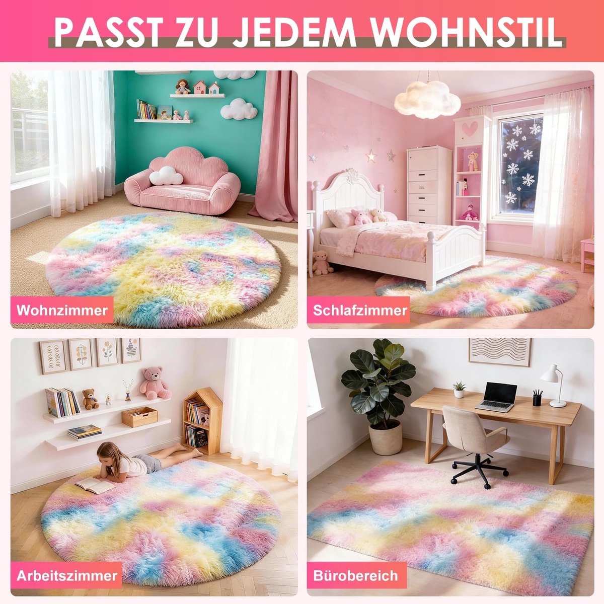 SnelShoppen - Rond Pluche Tapijt voor Slaapkamer en Woonkamer, Zacht en Wollig Regenboog Kindermat, 120 cm, Moderne Vloerkleed voor Meisjes, 100% Gere