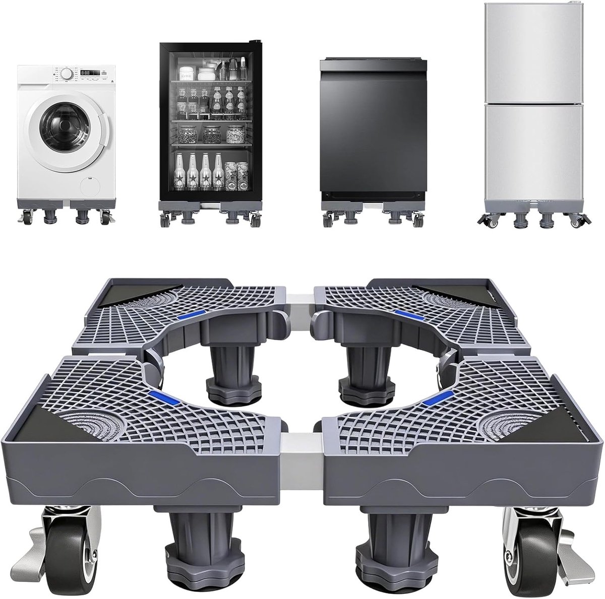 SnelShoppen - Universeel Wasmachine-onderstel met Vergrendelbare Zwenkwielen, Instelbare Maat 41-66 cm en 10-13 cm, Maximaal Draagvermogen 200 kg, Ges