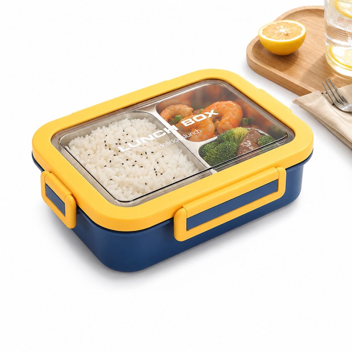 VHV - Broodtrommel - Lunchbox - Lunchbox met 3 Vakken - 720ml - Blauw en Geel - 304 RVS Broodtrommel - BPA-vrij - Lekvrije Voedselcontainer - Ideaal voor Gezonde Lunch - 22.9x16.9x6.4 cm