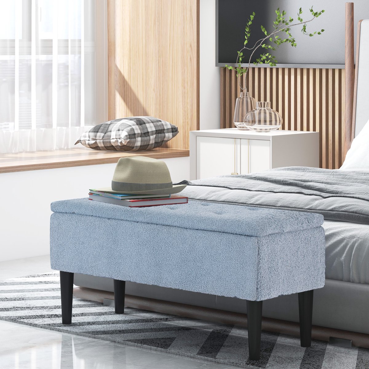 FloraGrace Bedbank 95 x 38 x 45 cm - Met Opbergruimte En Klapdeksel Met Drukveren - Voor Slaapkamer Of Woonkamer - Polyester - Blauw