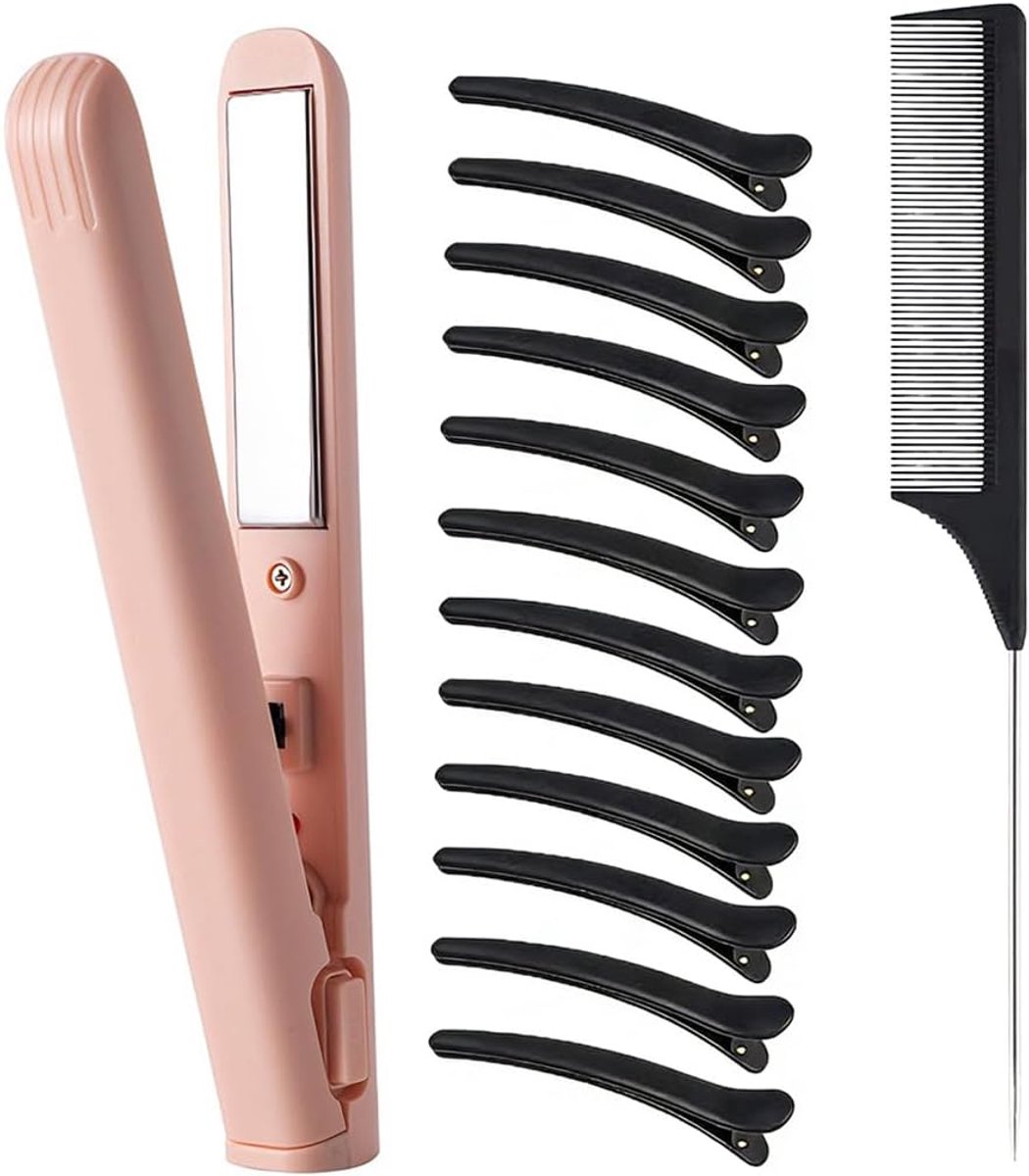 Thijox - Draagbare USB Mini-Krultang met Hittebestendige Behuizing voor Alle Haartypes, Stijltang en Haarvlechtgereedschap in Roze - Compleet met 13 S
