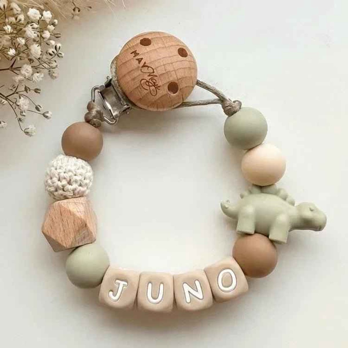 May Mays | Speenkoord met Naam | Dinosaurus Groen | Gepersonaliseerde Speenketting Baby | Kraamcadeau Pasgeborene | Babyshower Cadeau | Newborn Gift | Siliconen letterkralen