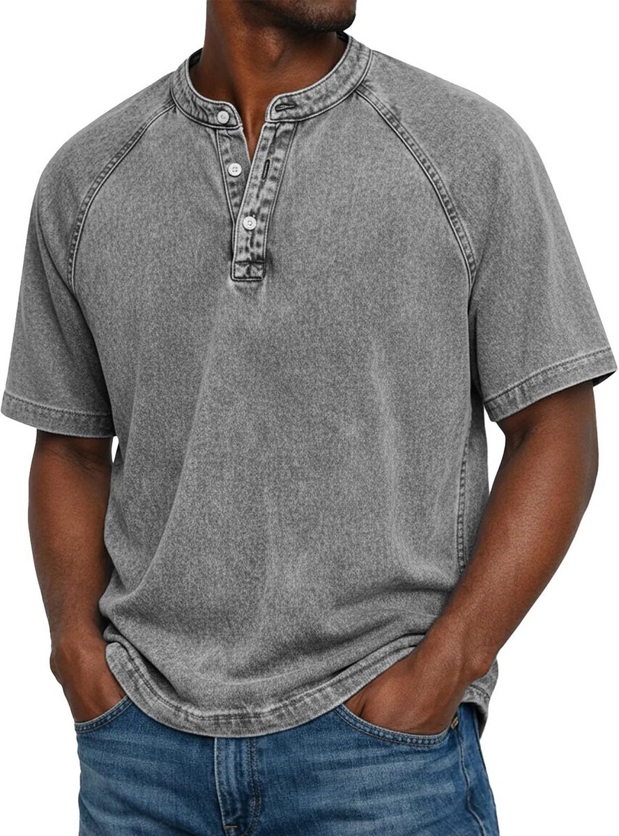 Henley-overhemd voor heren korte mouwen casual getextureerd katoenmix knoopsluiting zomer-T-shirt Grijs