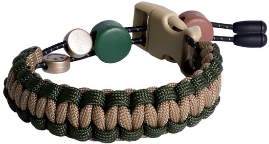 Bracelet en paracorde vert kaki et beige avec boucle et perles vertes et marron.
