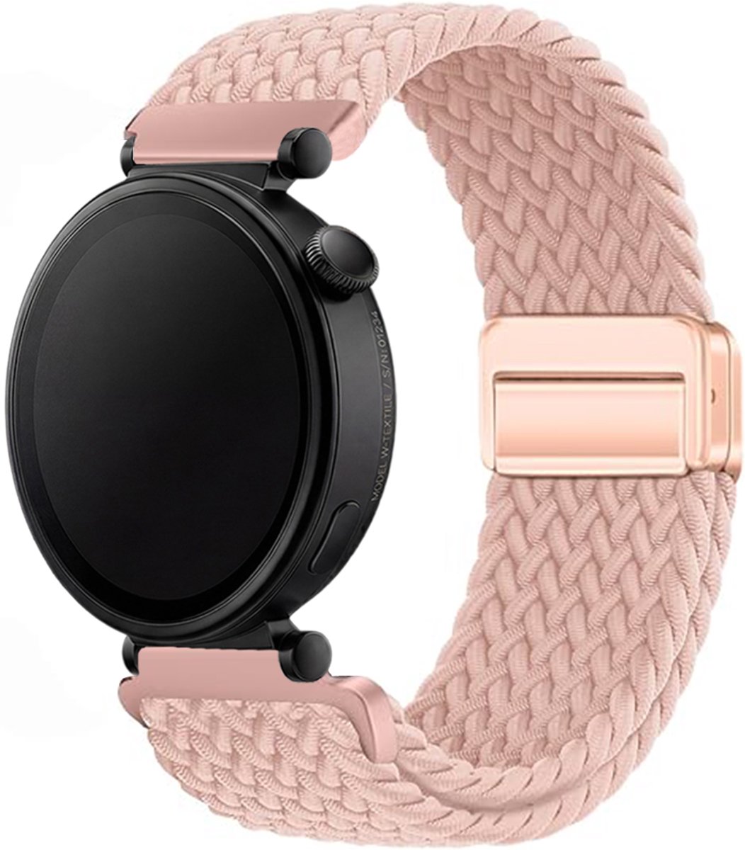 Stravo 18mm Gevlochten Nylon Bandje met Magnetische Sluiting – Geschikt voor Garmin Vivoactive 4S / Venu 2S / Venu 3S / Venu 4 (41mm) / Forerunner 255S / 265S – Huawei Watch GT 5 (42mm) / GT 5 Pro (42mm) / GT 6 (41mm) – Roze