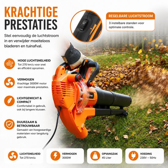 Celestul 3-in-1 Elektrische Bladblazer & Stofzuiger Incl. 40L Opvangzak - Blazen, Zuigen & Versnipperen - met 4 Wielen & Verstelbare Draagriem - 3000W - 260km/h Luchtsnelheid - op Snoer - Oranje — afbeelding 3