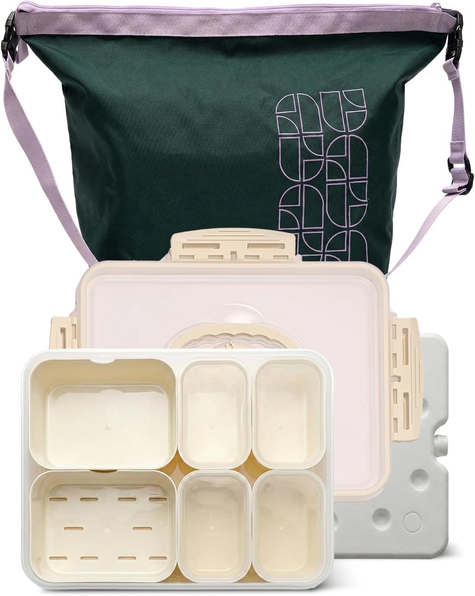 Thijox - Creamy White Snackbox met Uitlekvak, Draagbare Snackle Box met Isolatie, Herbruikbaar Koelelement, 6 Uitneembare Vakjes (2 Groot + 4 Klein),