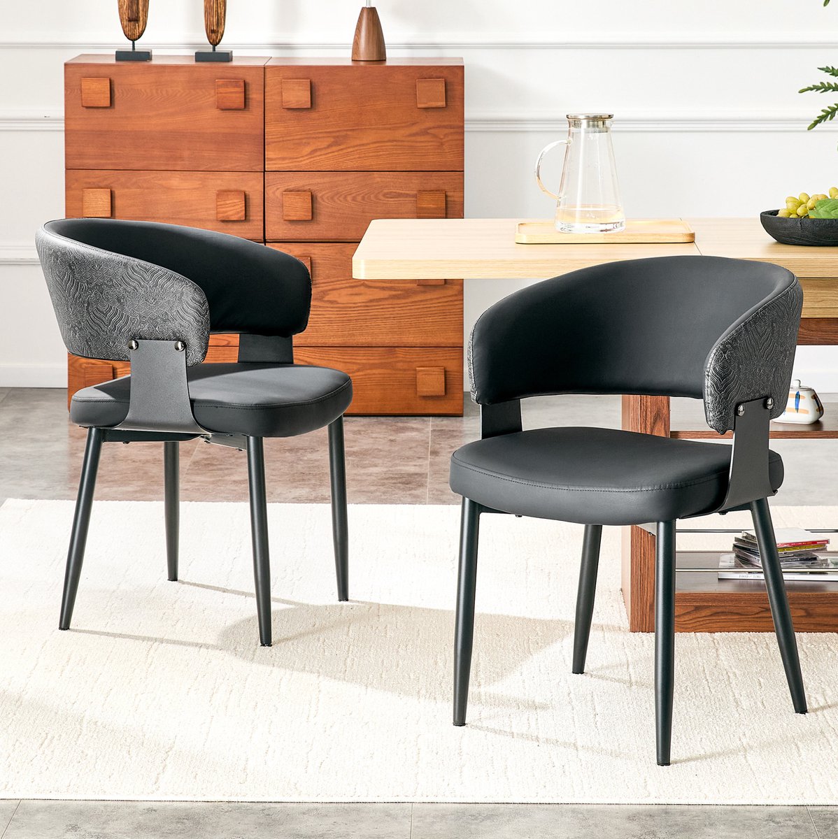 MEUNIQ Eetkamerstoelen set van 2 kuipstoelen met armleuningen, kunstleer zitting, gemêleerde rugleuning, metalen poten, retro zwart
