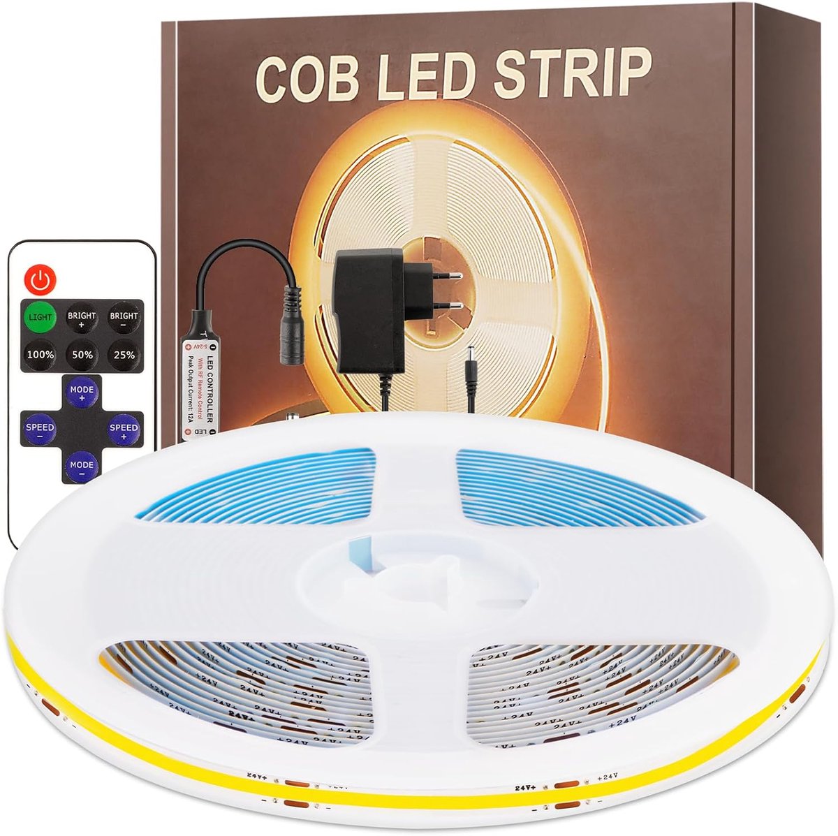 SnelShoppen - COB LED Strip 6M Warm White 2700K Dimmable, 320 LEDs/m met RF Remote Control voor Keuken, TV, Woonkamer, DIY Verlichting