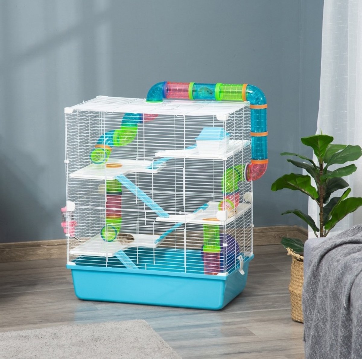 DESMIU Kooi – 5 Niveaus Met Rampen En Loopwiel – 59 x 36 x 69 cm – Metaal En Kunststof – Lichtblauw En Wit – Voor Knaagdieren