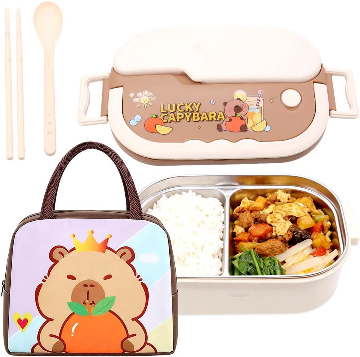 SnelShoppen - Capybara Lunch Box met Compartimenten - Bento Box met Bestek - Vouwbare Koeltas - Lekvrije Lunch Box voor School, Kantoor, Picknicks - D