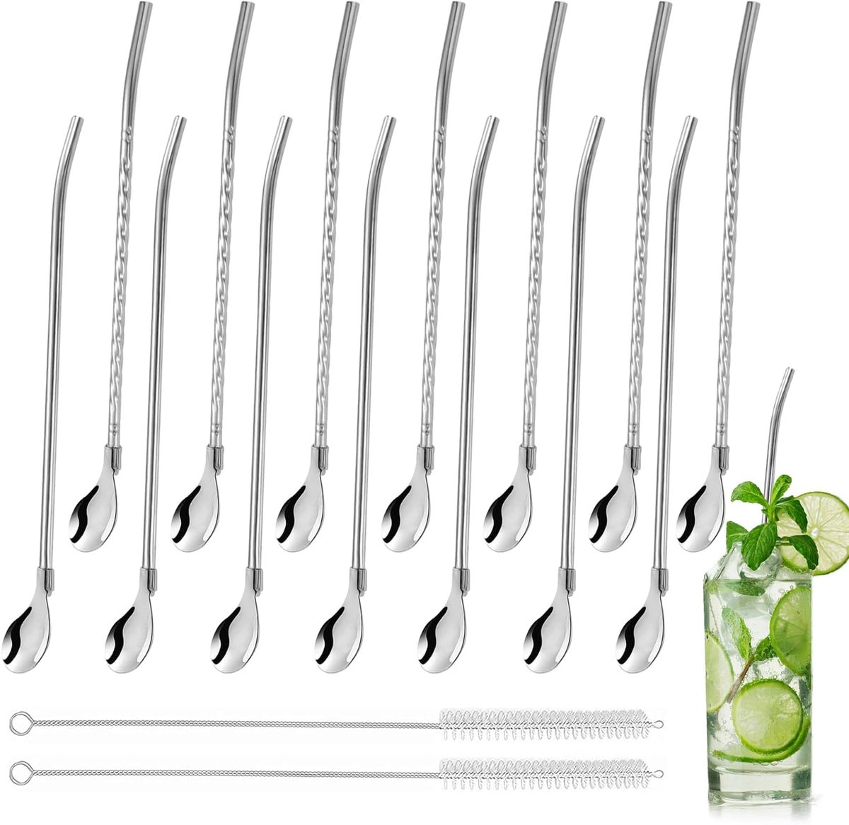 SnelShoppen - Set van 16 RVS Rietjes met Lepel, 2-in-1 Rietjes, Herbruikbare Rietjes voor Latte Macchiato, Milkshakes, Cocktails + 2 Reinigingsborstel