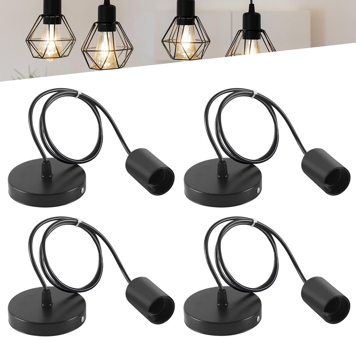 SnelShoppen - Set van 4 E27 Hanglamp Fittingen Pendel Lamp met Verstelbare 100 cm Kabel - Stijlvolle Zwarte Metaal Lamp voor Thuis, Café, Keuken en Fe