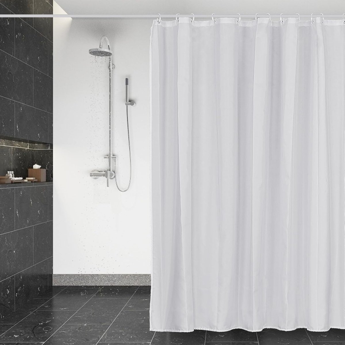 SnelShoppen - Wasbare Douchegordijn 180x180 cm - Wit Polyester met 12 RVS Haakjes - Antirimpel, Sneldrogend, Waterdicht, Geurvrij voor Bad en Douche