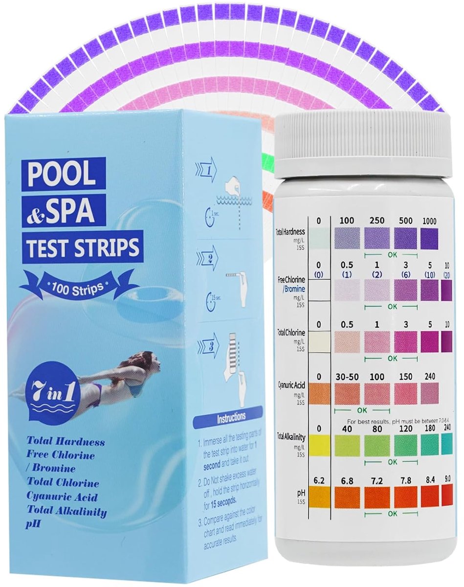 SnelShoppen - 7-in-1 Pool Test Strips, Water Tester voor pH, Vrije Chloor, Totaal Hardheid, Bromine, Totaal Chloor, Cyanurinezuur, Totaal Alkaliniteit