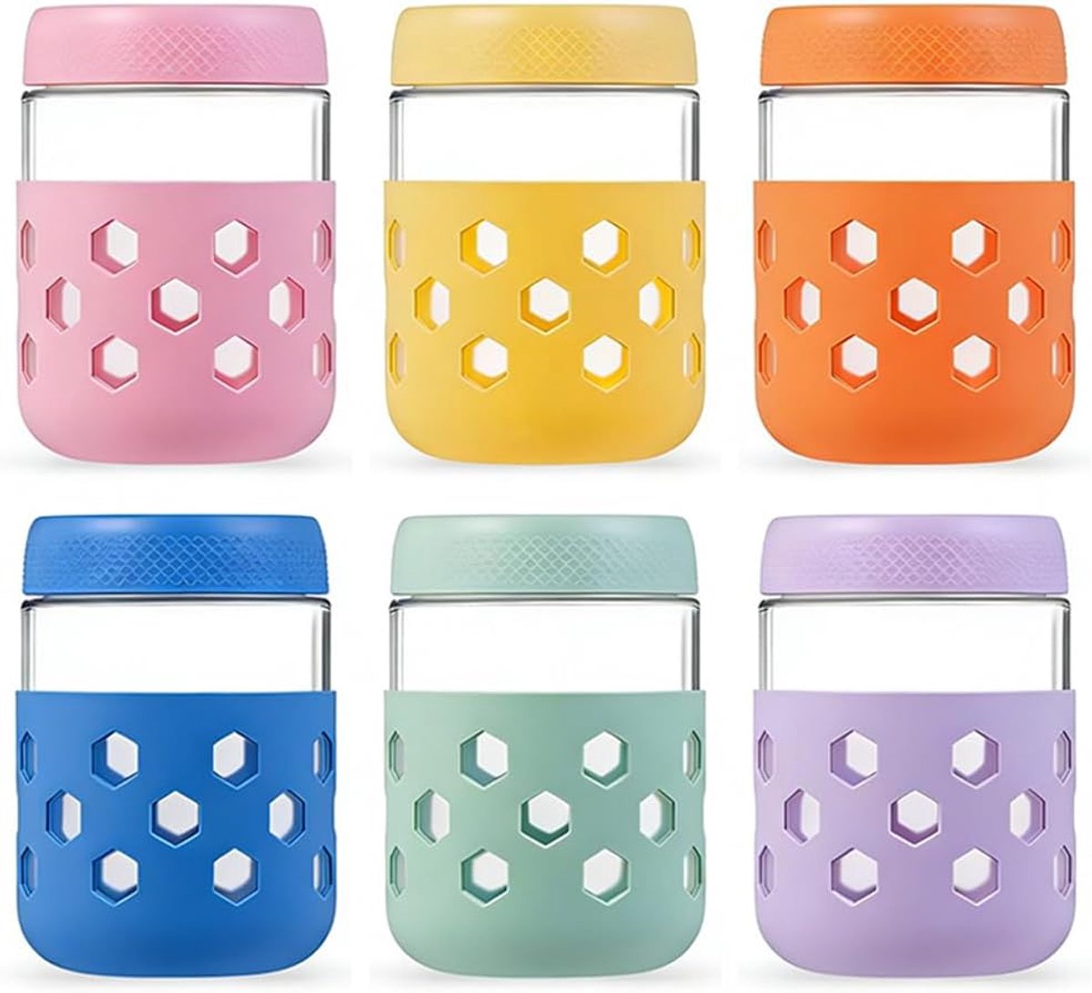 SnelShoppen - 480 ml Overnight Oatmeal Jars met Silicone Sleeve, 6 Stuks, BPA-vrij, Lekvrij, Vaatwasserbestendig, Ideaal voor Chia, Pudding, Ontbijtgr