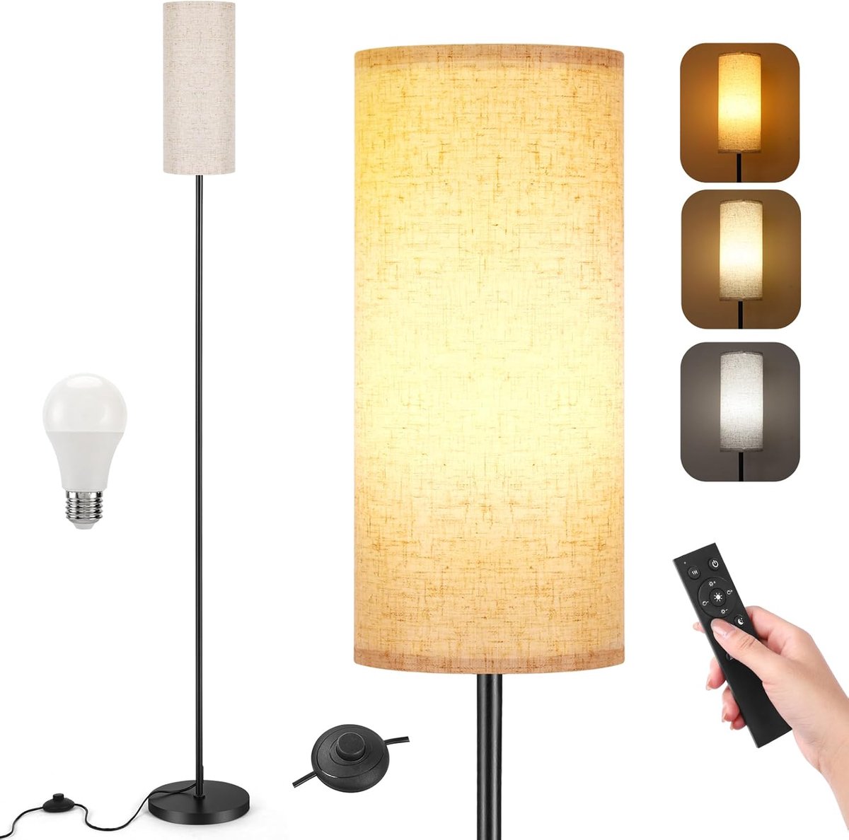 SnelShoppen - Moderne Vloerlamp voor Woonkamer - 171,5 cm Dimbaar met 3 Kleuren Temperatuur - Beige Linnen Lampenkap - Inclusief 12W LED Lamp - Stijlv
