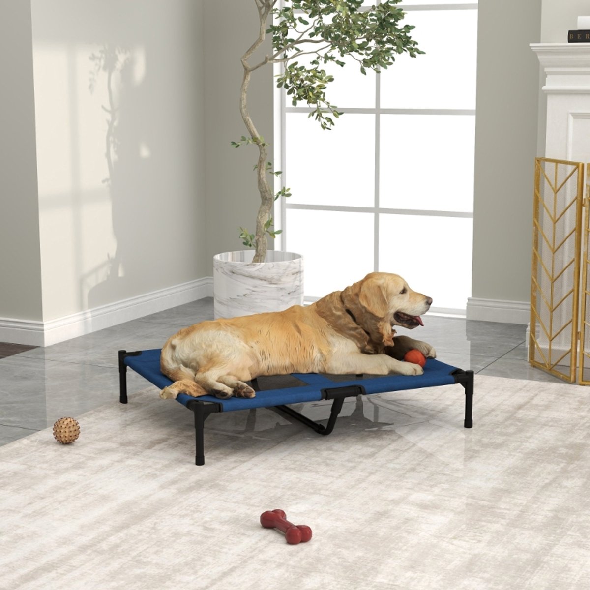 FloraGrace Dierenmand Verhoogd – 91,5 x 76,2 x 18 cm – Metaal En 600D Oxfordweefsel – Blauw – Opvouwbaar Voor Binnen En Buiten