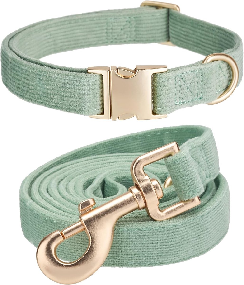 SnelShoppen - Dog Collar and Leash Set Medium, Zacht Non-Irriterend Corduroy Hondenhalsband en Leash, Perfect voor Dagelijks Wandelen, Sage Green