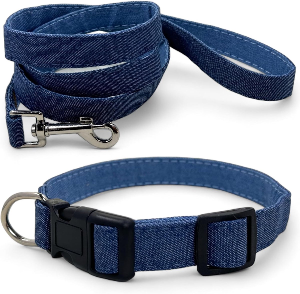 SnelShoppen - Hondenriem en Hondenhalsband Set 1.2m - Verstelbare Halsband, Stijlvol en Robuust - Denim Blauw, Voor Wandelen in Park en Buiten