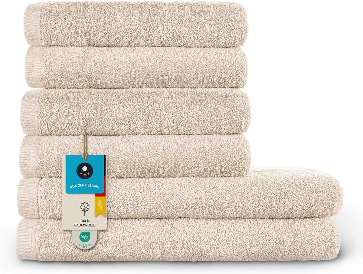 SnelShoppen - Handdoekset Beige, 100% Katoen, Oeko-Tex 100 Gecertificeerd, 2 Badhanddoeken + 4 Handdoeken, Zacht en Absorberend, Perfect voor Thuis, C
