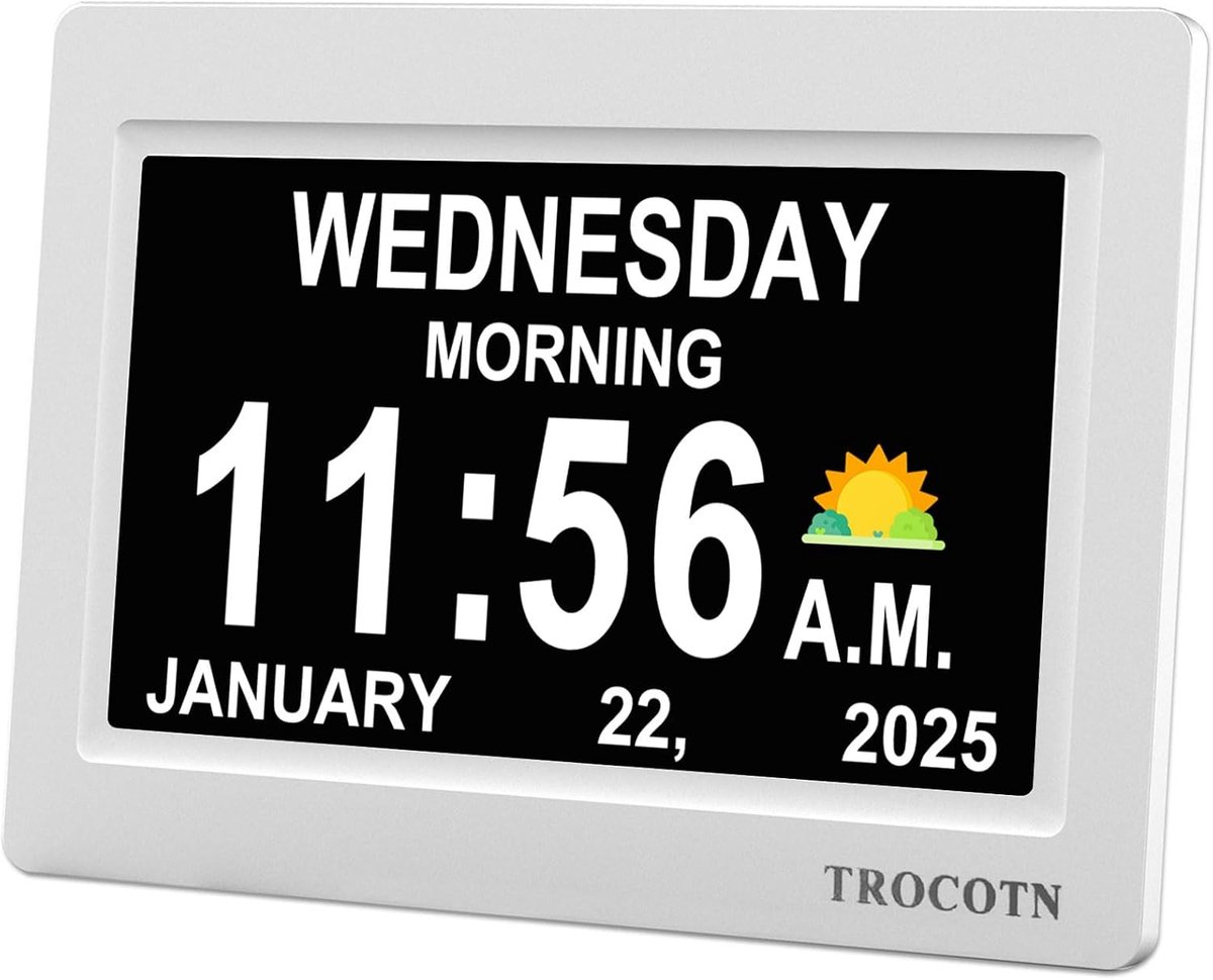 SnelShoppen - Digitale Klok 7 Inch Groot Display Ochtend Klok Dag Klok met Helder Scherm voor Senioren, Wekker, Wandklok, Wit, 1024x600 HD