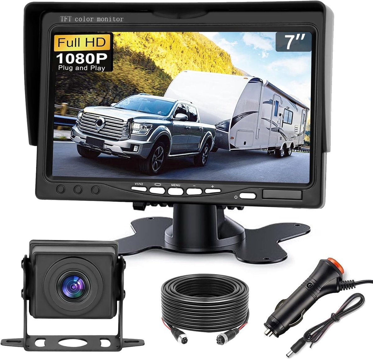 SnelShoppen - Achteruitrijcameraset 7 inch HD LCD Monitor met 170° Groothoek Waterdichte IP69 Camera voor Vrachtwagen, Aanhanger, Bus, Bestelwagen en