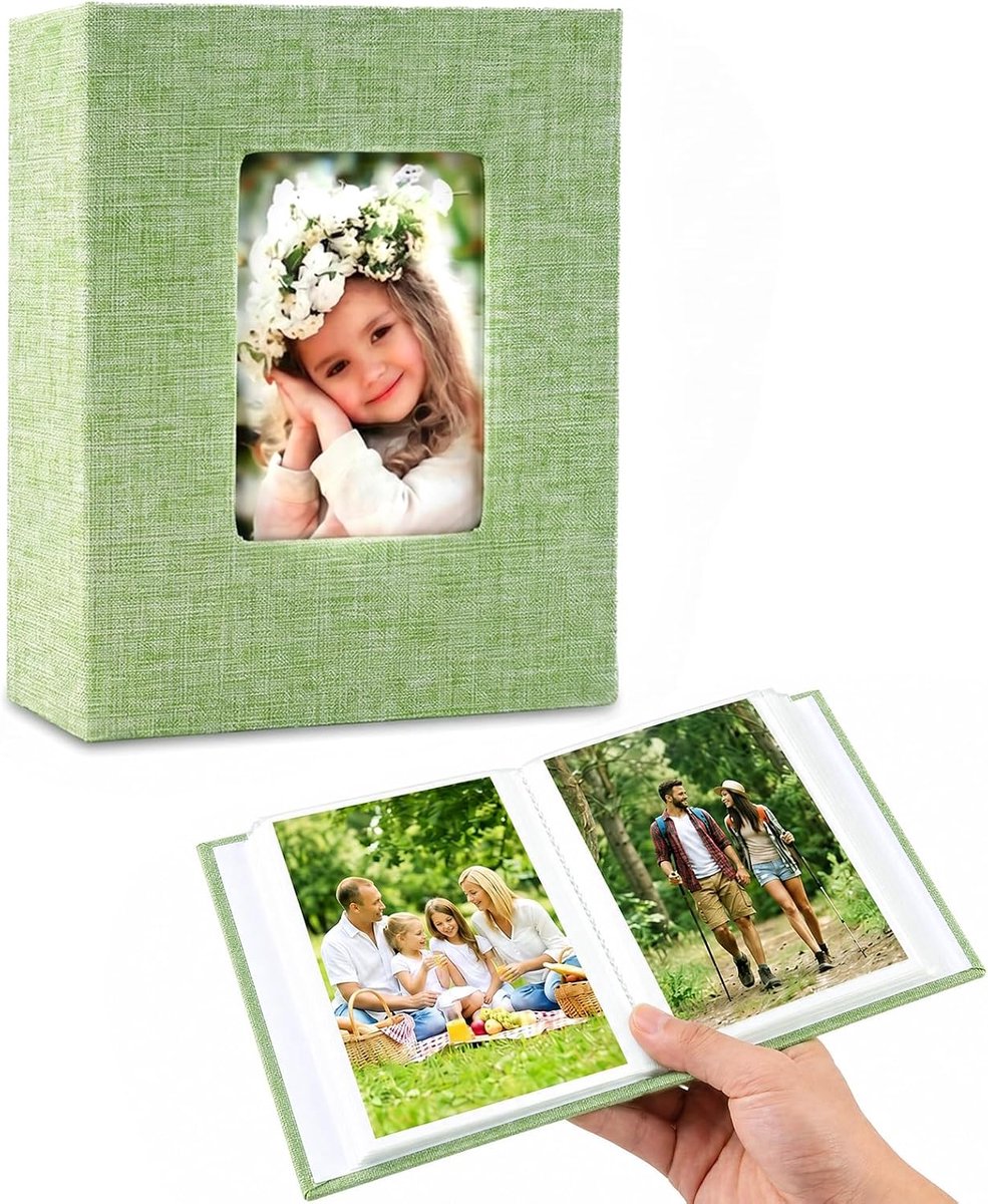 SnelShoppen - Fotoalbum 100 foto's insteekalbum 10×15cm lichtgroen linnen fotoboek mini-fotoalbum met venster voor bruiloft, vakantie, reizen en herin