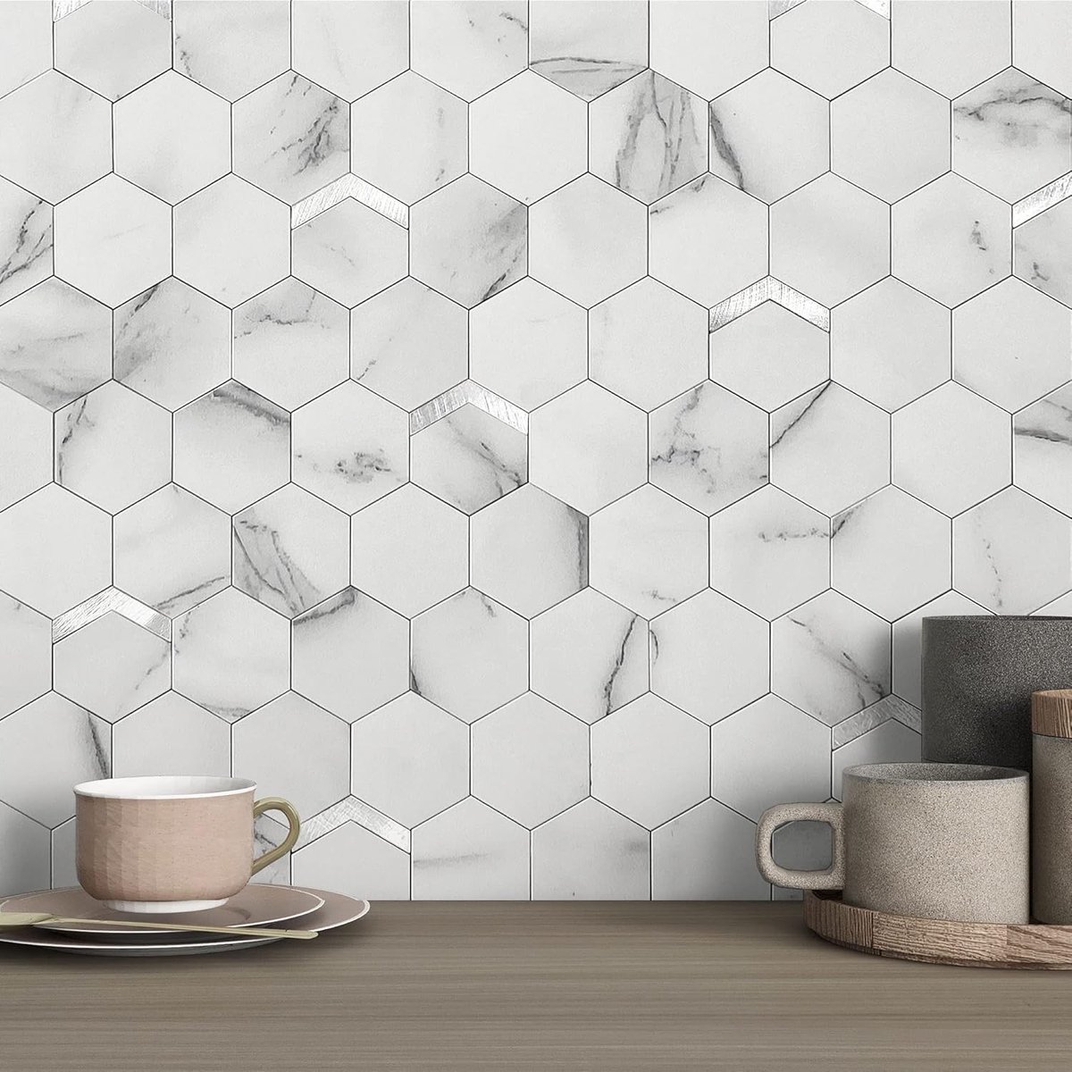 SnelShoppen - Zelfklevende Tegels voor Keuken en Badkamer - Zeshoekig Marmer Mozaïek - Waterdicht Metallic Wandtegels - 10 Vellen Wit en Zilver voor A
