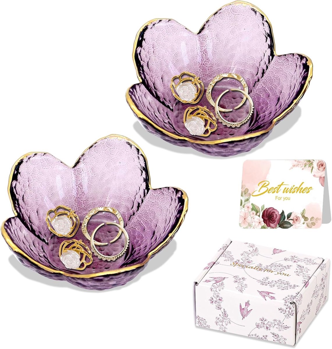 SnelShoppen - Unieke Sieradendoos Bloemvorm - Paars Glas voor Ringen, Oorbellen, Armbanden en Halskettingen - Aesthetische Kamerdecoratie en Vriendsch