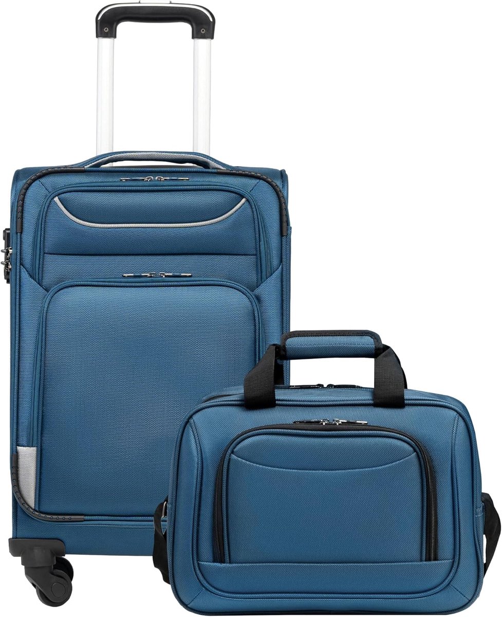 Thijox - Coolife Trolley Reiskoffer met 4 Wielen, Stoffen Handbagage met TSA-Slot, Grote Schoudertas, Blauw & Zilver, Softbox van Oxford-Stof, Handbag