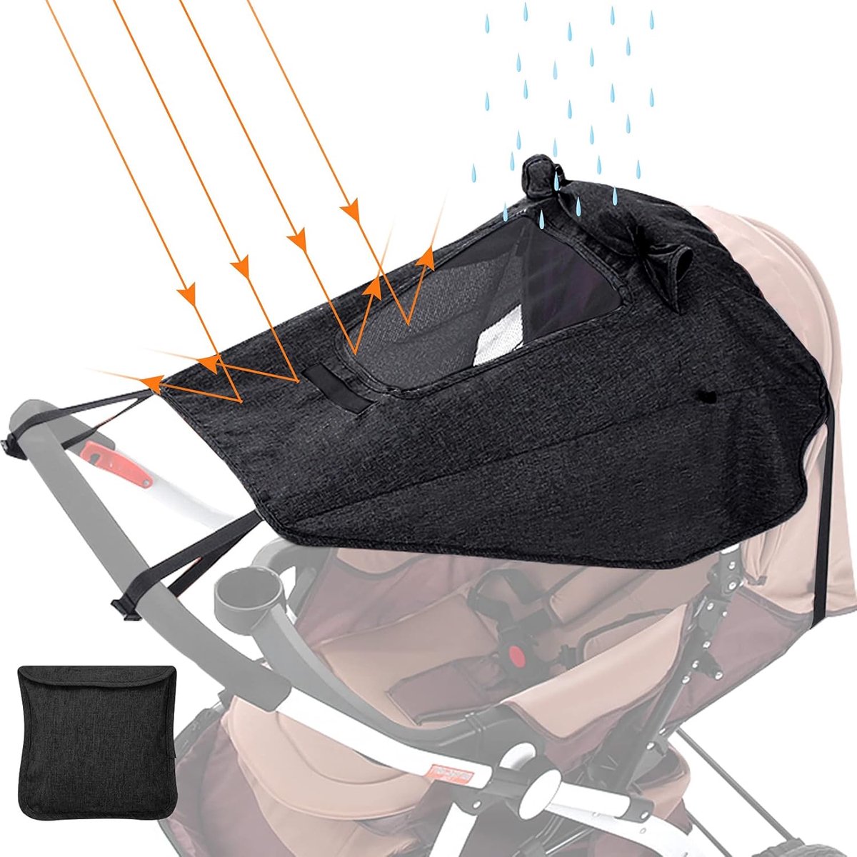 Thijox - Universeel Zonnescherm voor Kinderwagen, Buggy & Reiswieg - Waterbestendig Zonnezeil met UV-bescherming 50+ - Zwart - Ideaal voor Buiten, Vak