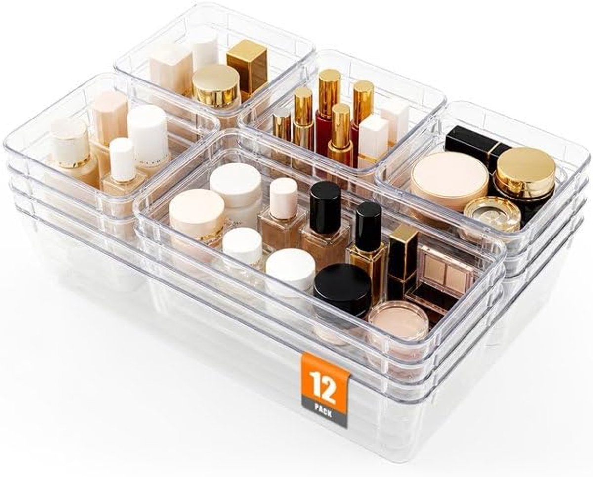 SnelShoppen - 12-delige lade-organizerset, make-up-organizer in 4 maten, kunststof opbergsysteem voor badkamer, keuken, kantoor, bureau-laden, veelzij