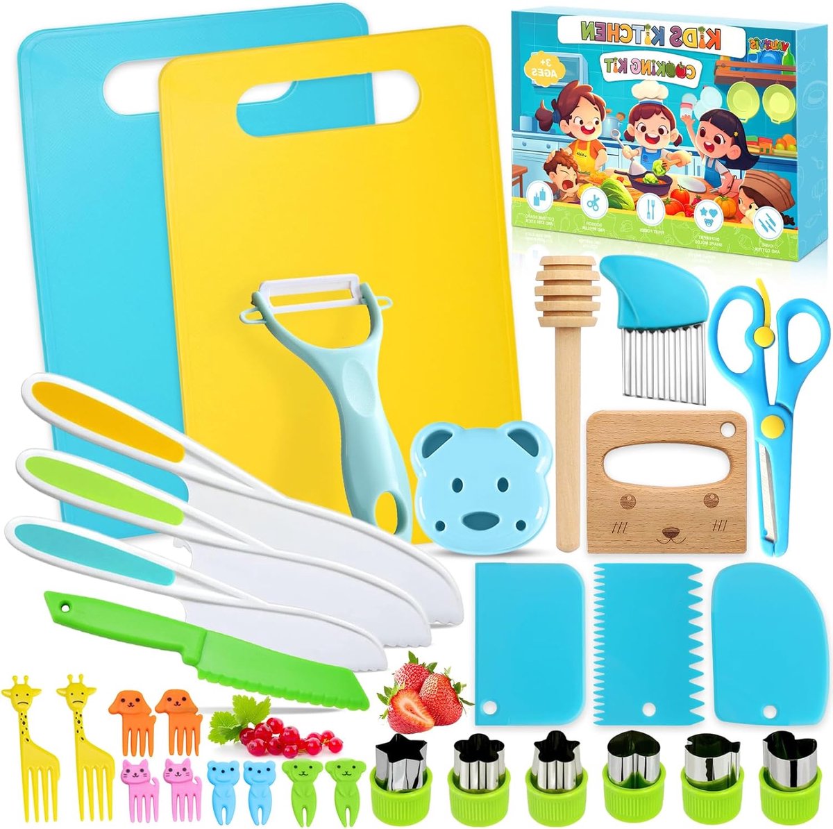 SnelShoppen - Set van 30 Keukenmessen Voor Kinderen, Kids Keukengerei, Montessori Keukenset, Kindermessen Leren 2 3 Jaar, Multifunctioneel, Kleurrijk,