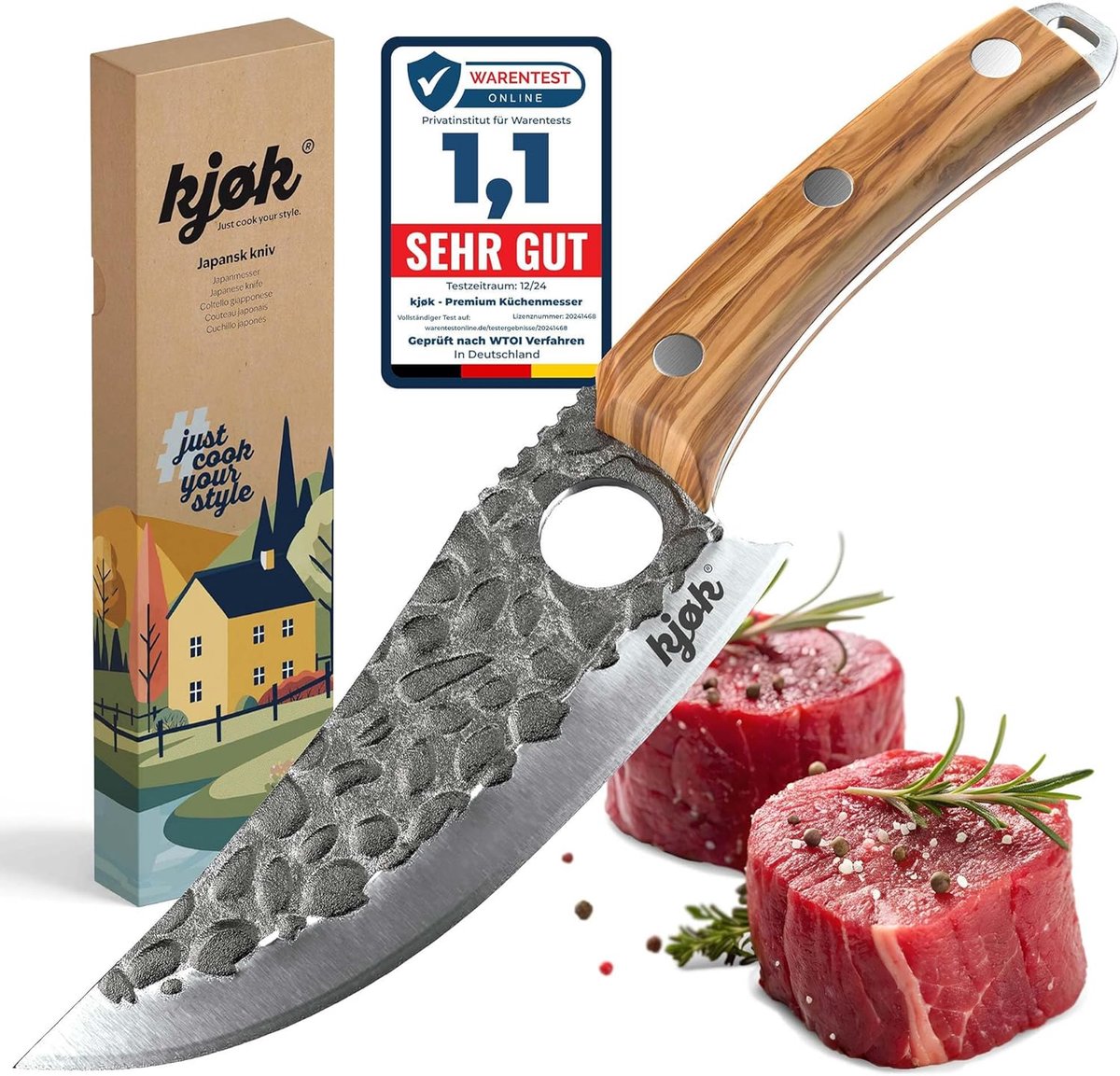 SnelShoppen - Professioneel Hak- en Universeel Mes met Olijfhouten Handvat, 148 mm Stabiel en Scherp Lemmet van 56 ± 2 HRC-Staal voor Vlees, Groenten,
