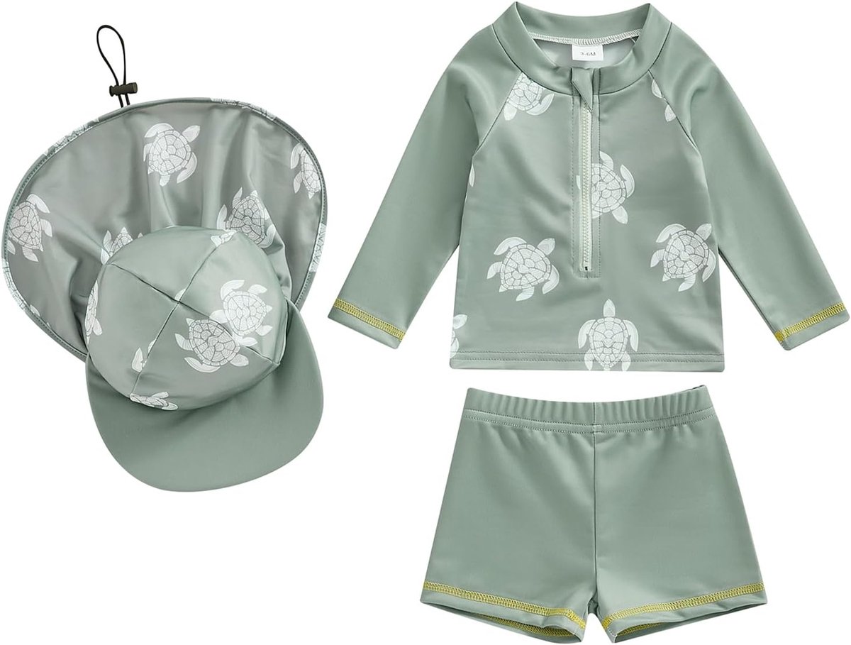 SnelShoppen - 3-delig Zwempak voor Baby's Jongens - UV-bescherming, T-shirt met Lange Mouwen, Zwembroek en Zonnehoed - Badpak voor Zwembad en Strand -