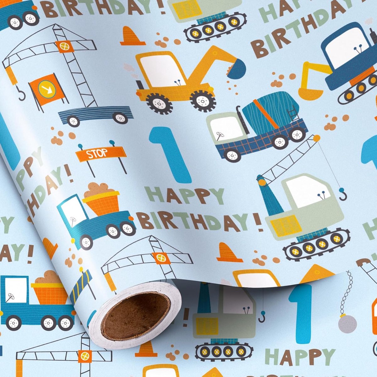 SnelShoppen - Inpakpapier Jongens 1e Verjaardag - Blauwe Cartoon Auto's en Vrachtwagens - 43,2 cm x 5 m - Perfect voor Feestjes en Cadeaus